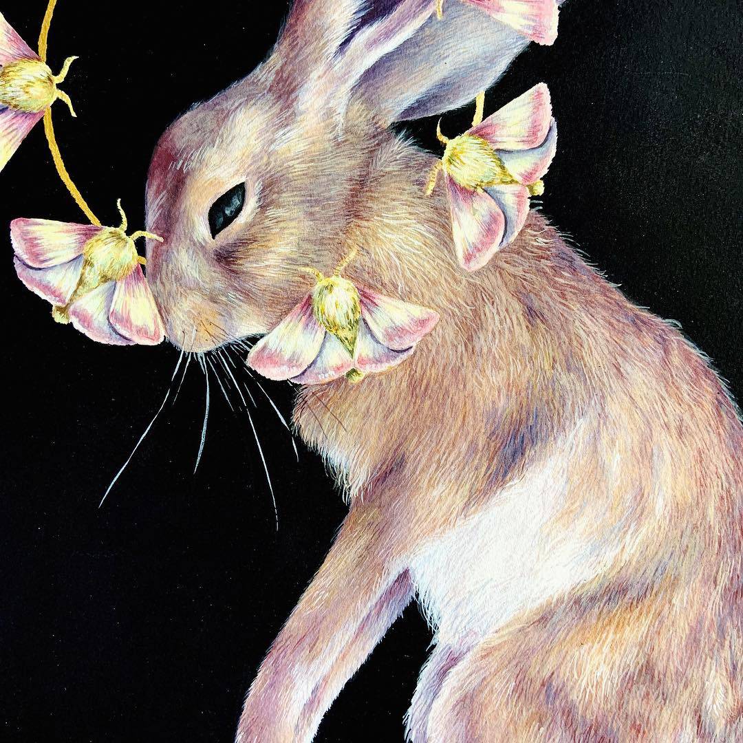 Detail of gouache painting of hair with flowers around it